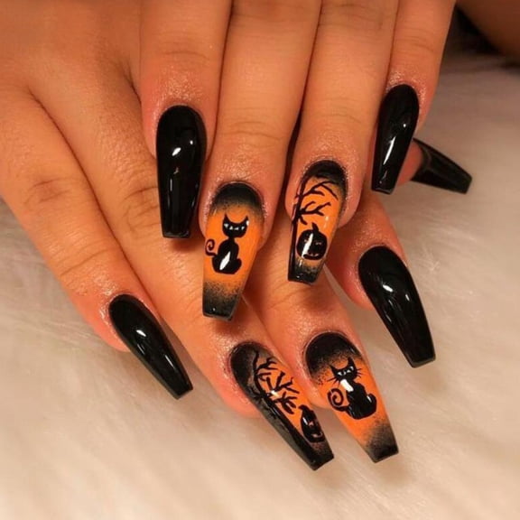 Halloween Press on Nails Square Acrylic False Nail with Dark and Cat Designs Pumpkin Coffin Fake Stick on Nails Black Full Cover 24 Pcs Glossy Artificial Glue on Nails for Women Girls