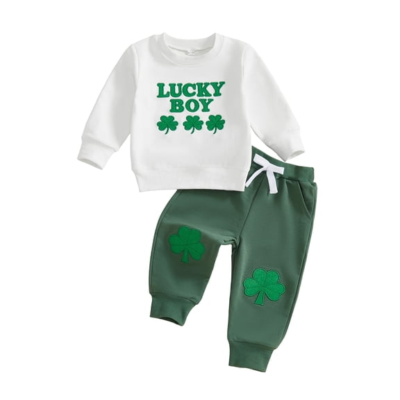 BemeyourBBs Toddler Baby Boy St Patricks Day Outfit Cute Irish Spring Clothes Lucky Boy Clover Letter Long Sleeve Sweatshirt and Joggers Pants 2 Piece Clothing Set