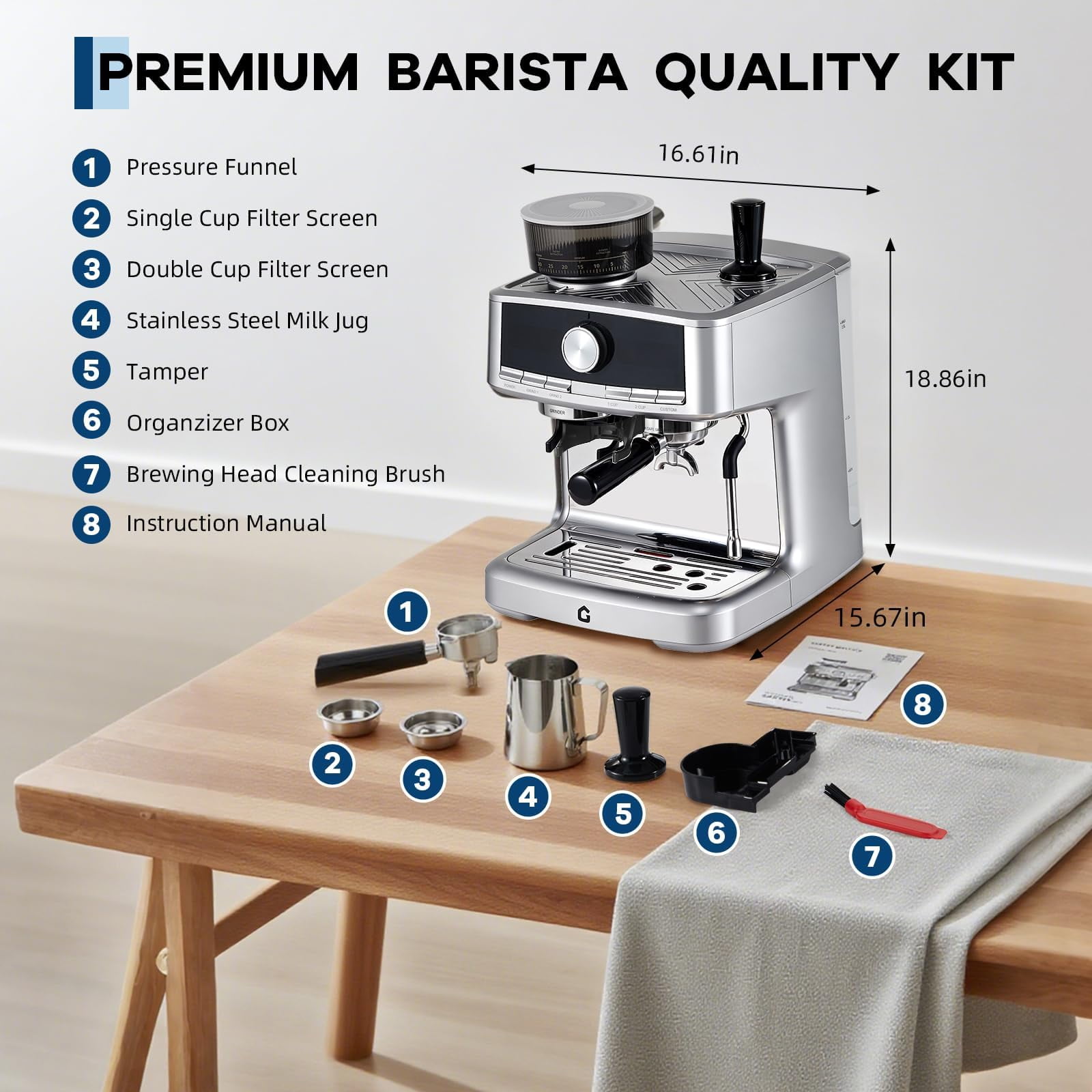 Soonbuy 20 Bar Pressure Espresso Machine, with Grinder & Milk Frother, 1.5L Removable Tank, Adjustable Shot Volume, Professional Stainless Steel Coffee Maker, for Home and Office