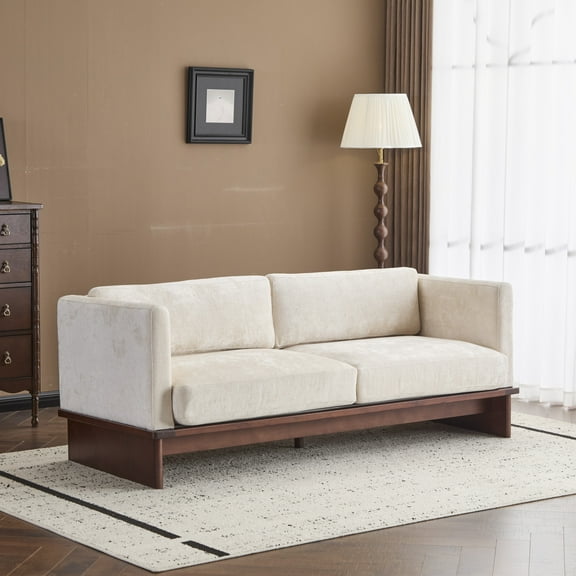 Christopher Knight Home 77" Modern 3-Seater Sofa, Beige Upholstered Couch with Walnut Solid Wood Base