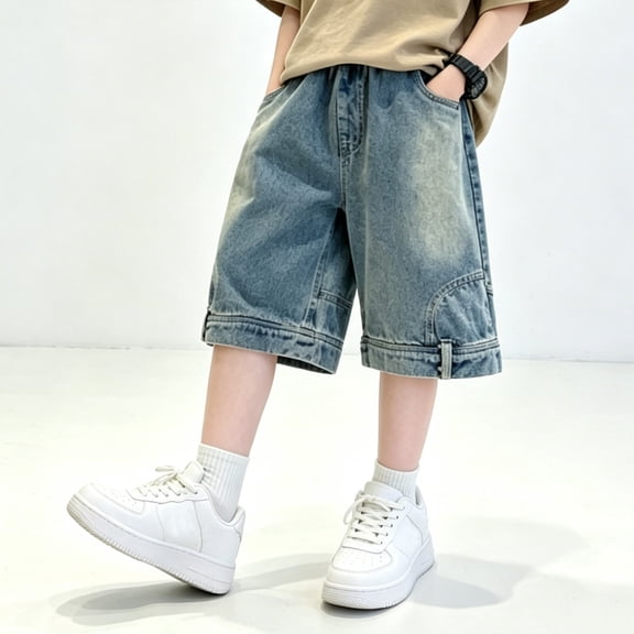 UACY Baggy Jean Shorts for Boys Jorts Y2k Wide Leg Denim Shorts Goth Summer Jeans Loose Casual Streetwear (Blue, 8-10 Years)