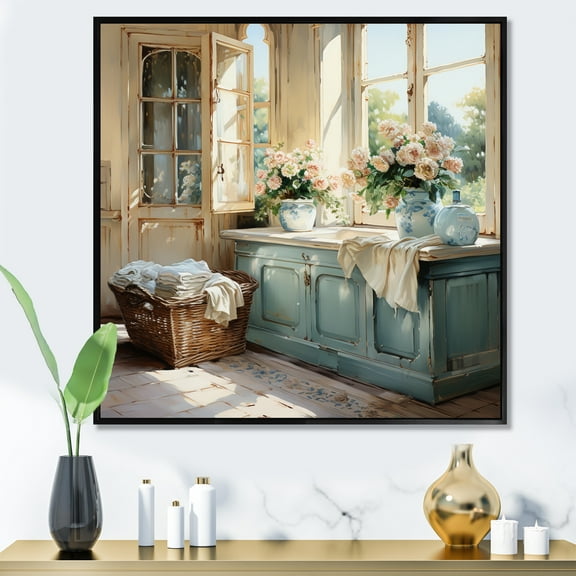 Designart "French Vintage Laundry Room wall decor I" Bath & Laundry Floater Framed Wall Art Print