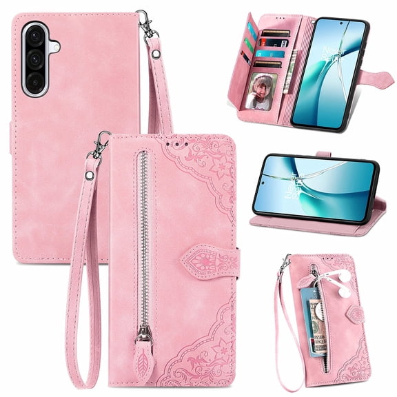 Phone Case for Samsung Galaxy A36 5G, Shockproof PU Leather Wallet Case with Card Slots Anti-Scratch Stand Magnetic Flip Zipper Pocket Cover for Samsung Galaxy A36 5G, Pink