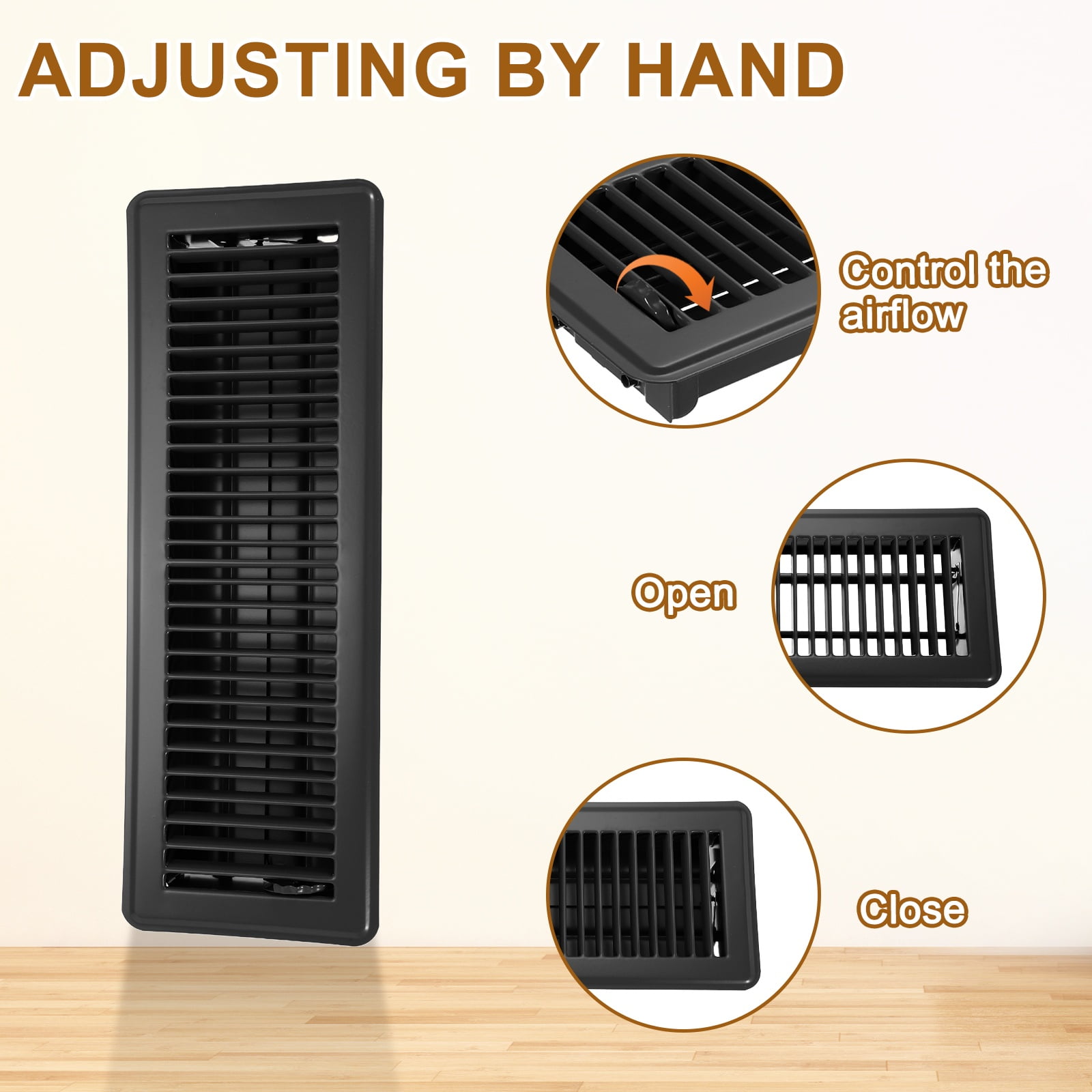 4x14 Inch Floor Vent Covers, Floor Registers Metal Walkable Air Vent Covers Easy Adjustable Air Supply Lever, Black 6 Pcs