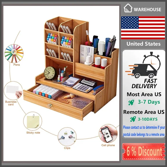 Wooden Pen Pencil Storage Holder Office Study Desk Organizer Table Box Tidy Case