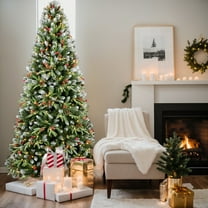 Resenkos 7ft LED Christmas Tree - 2178 Tips, Red Fruit, Pine Cones, Hinged Base, Green