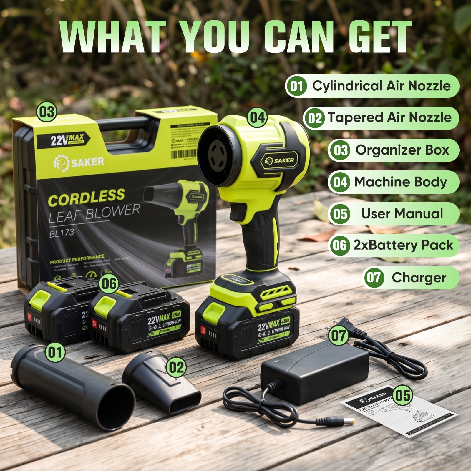 Saker 22V Cordless Leaf Blower with 2 Extended Nozzles, Handheld Dust Cleaner with 2x 4.0Ah Batteries & Carry Case for Lawn, Patio, Yard Care