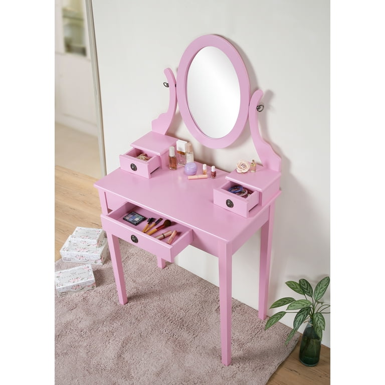 Roundhill Furniture Moniya Wood Vanity Table and Stool Set Pink