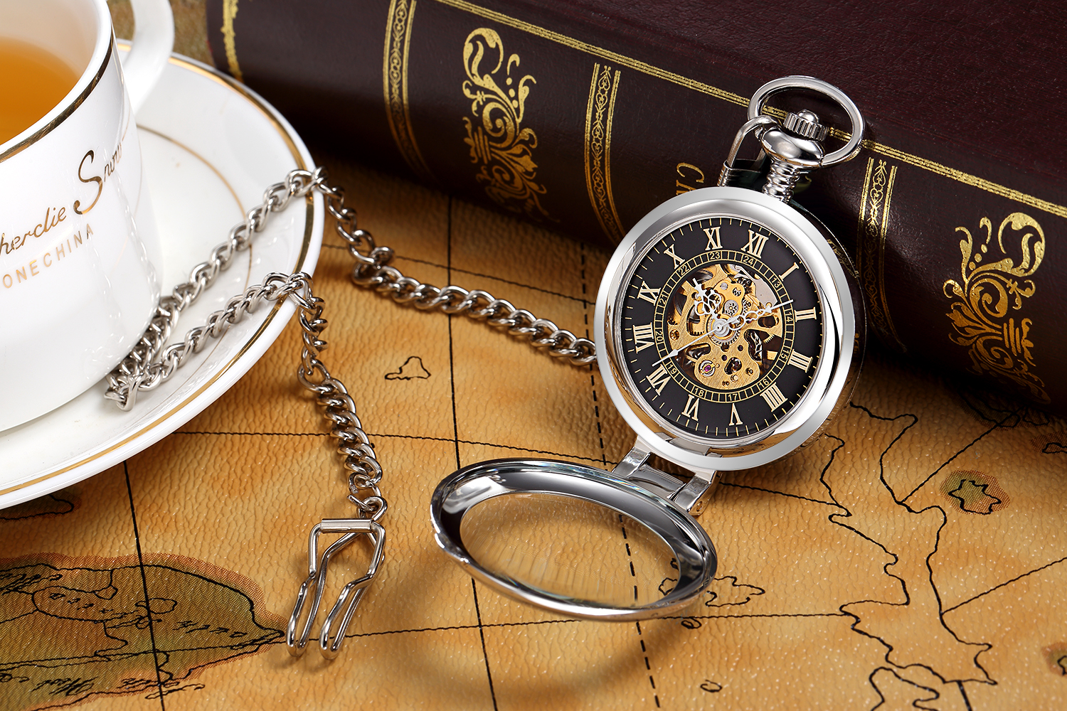 Luxury Hollow Pocket Watch Skeleton Mechanical Hand Wind Pendant Silver