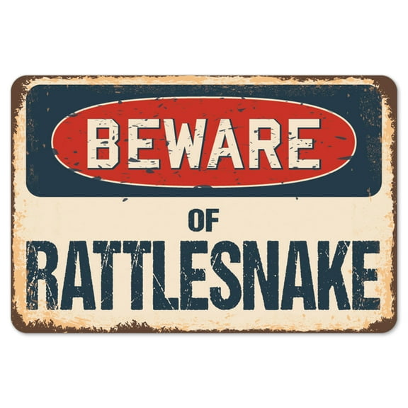 Beware Of Rattlesnake Rustic Sign | Rustic, Distressed Vintage Look | Decal | Indoor/Outdoor | Funny Home Décor for Garages, Living Rooms, Bedrooms