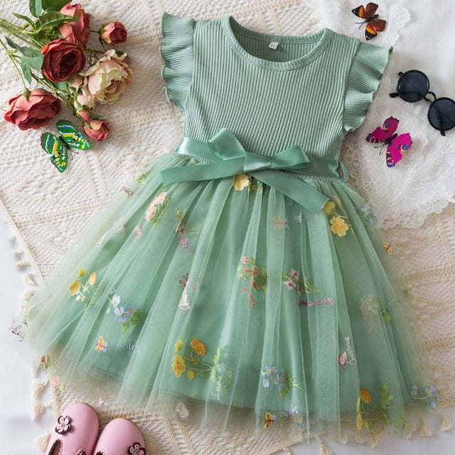 Robe d'Été Décontractée pour Filles à Manches à Volants, Robe Tutu pour Filles, Robe pour Filles, Robe en Tulle pour Filles 6-12 Mois