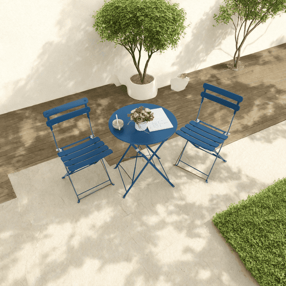TUAREX Outdoor 3-Piece Outdoor Bistro Set, Folding Patio Table and 2 Chairs, Space-Saving Garden, Balcony, or Deck Conversation Set, Rust-Resistant and Portable, Blue