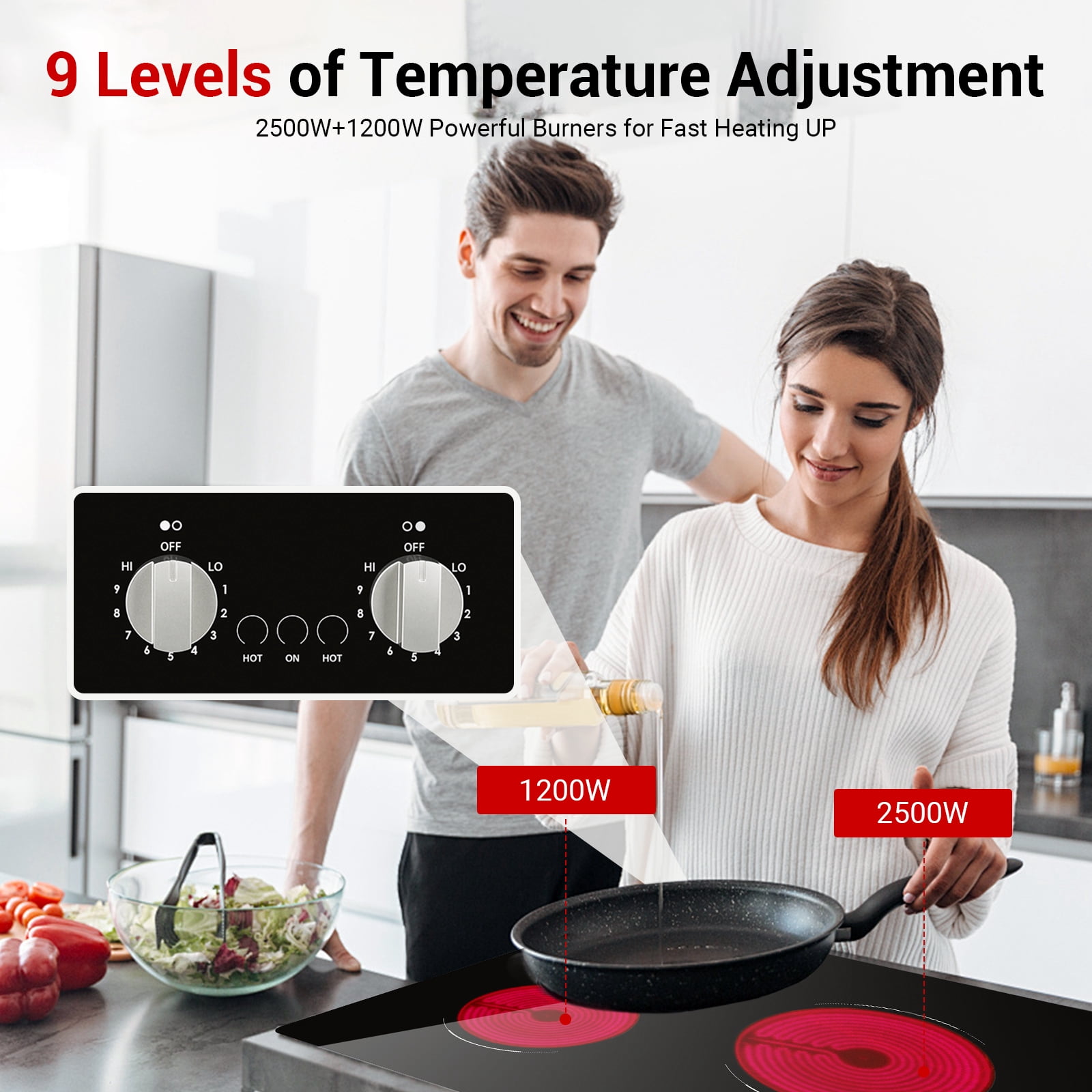 21 Inch 2 Burners Electric Cooktop 3700W Apartment Electric Stove Top Double Radiant, UL Certified, 9 Heating Level Knob Control, Overheating Protection, 110V-240V Ceramic Glass Cooktop