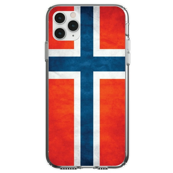 DistinctInk Clear Shockproof Hybrid Case for iPhone 11 Pro MAX (6.5" Screen) - TPU Bumper, Acrylic Back, Tempered Glass Screen Protector - Norway Old Flag Red White Blue - Love of Norway
