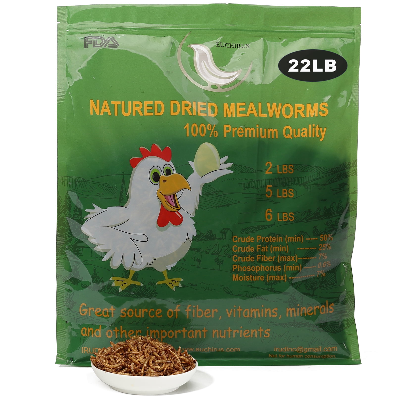 Euchirus 22LB NonGMO Dried Mealworms, High Protein Bulk Mealworms for