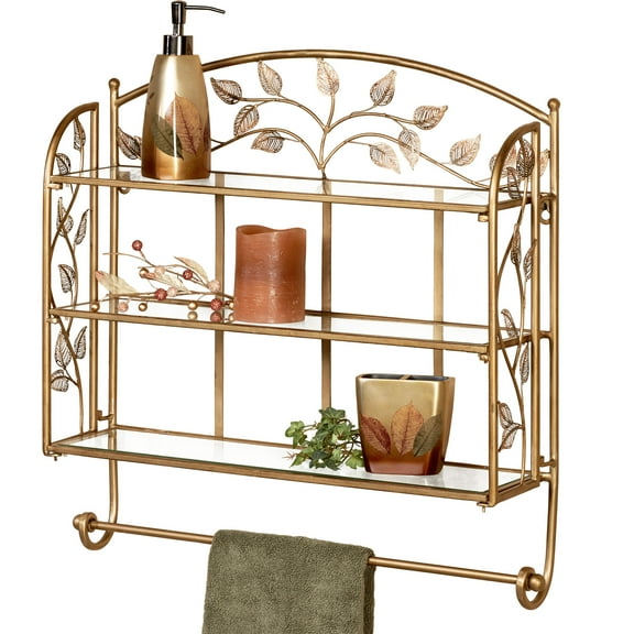 Eden Powder Coated Metal Wall Shelf with Glass Shelves and Towel Bar Champagne Bronze 24"Wx6"Dx24"H