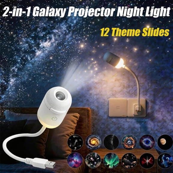 2-in-1 Galaxy Projector Night Light with 12 HD Theme Slides, 360° Rotating, USB Powered, Flicker-Free for Bedroom & Ceiling