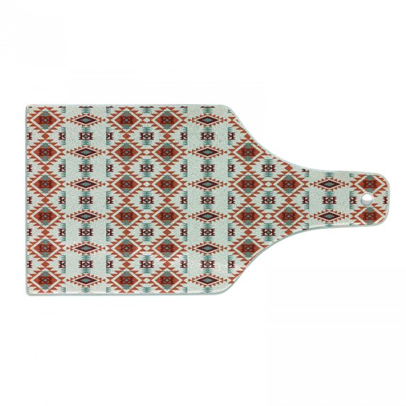 Southwestern Cutting Board, Folkloric Aztec Triangle Ornament Tribe and Culture, Decorative Tempered Glass Cutting and Serving Board, Wine Bottle Shape, Brown Seafoam, by Ambesonne