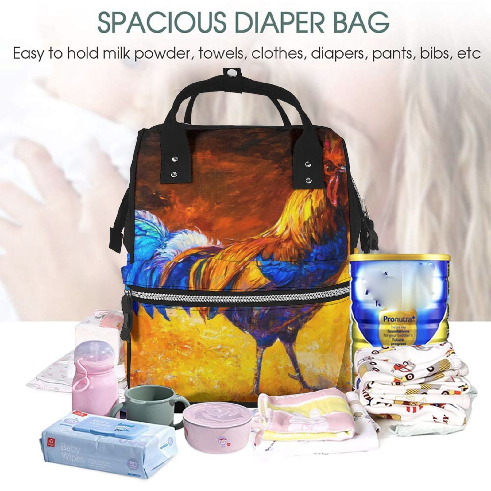 Ratiio Colorful Rooster Mummy Backpack - Waterproof Twill Canvas, Large Capacity Diaper Bag with Multiple Pockets and Adjustable Straps