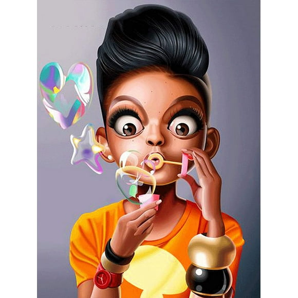 nipocaio African American 5D Diamond Painting Set Bubble Blowing Children Digital Painting Decoration Full Round 12x16inch