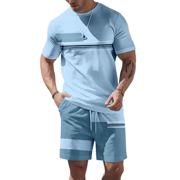 Sewkxo Men Color Block Striped Short Sleeve T Shirt And Shorts Set Casual Athletic 2 Piece Outfit Drawstring Waist Set,Light Blue M