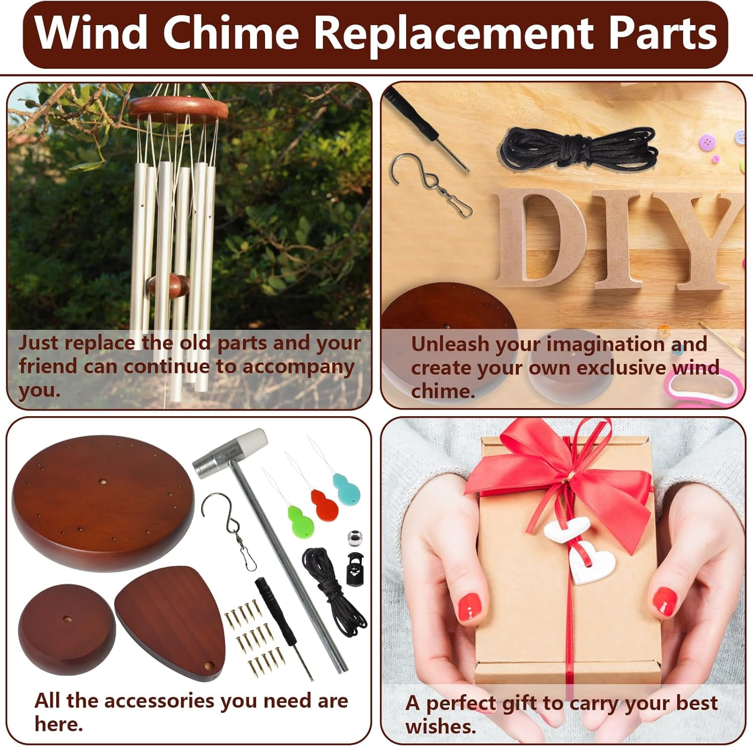 Wind Chime Replacement Parts, 28 PCS Windchime Repair Kit Including Round Top, Clapper, Catcher, 19.6FT Nylon Cord, DIY Supplies (Dark Brown)