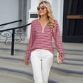 thumbnail image 4 of Camisetas de Larga A Rayas para Mujer, Informales, con Cuello en V, Bloques de Color, Corte Holgado, Básicas. Tiras Rojas M, 4 of 10
