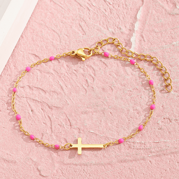 Z.LP Jewelry Dainty Cross Charm Bracelet with Colorful Beads - Gold Chain Religious Bracelet for Women