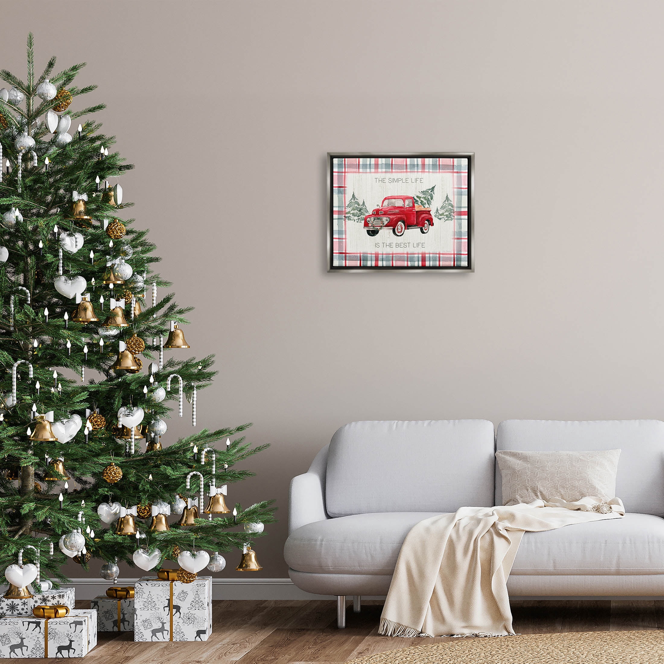 Stupell Industries Simple Life Is Best Plaid Truck Graphic Art Luster Gray Floating Framed Canvas Print Wall Art, Design by Kristen Brockmon