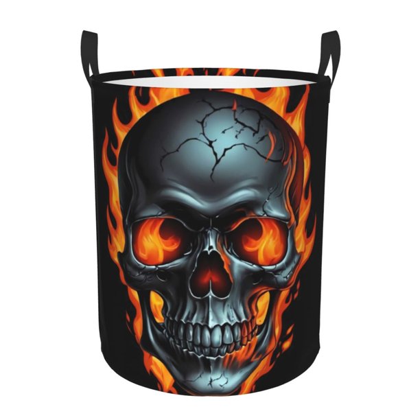 Balery Flame Metal Skull Cesta de ropa redonda con asas, impermeable, independiente, para ropa, juguetes, dormitorio y familia-Medium