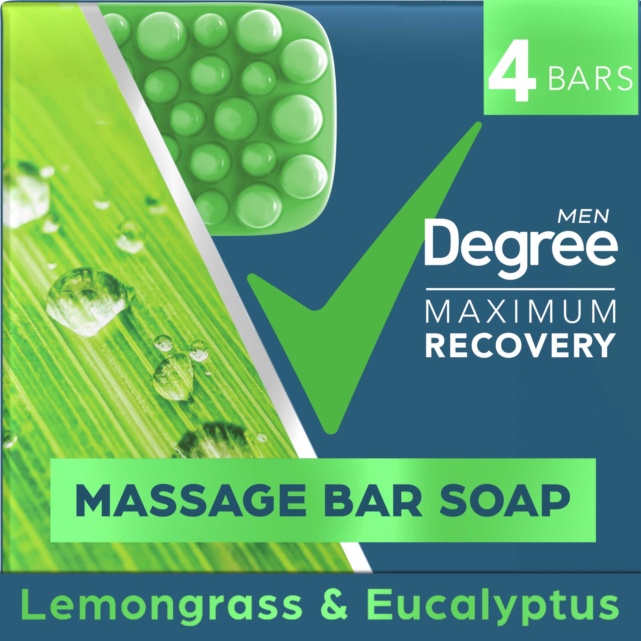 Degree Men Maximum Recovery Massage Bar Soap For Post-Workout Skincare Routine Lemongrass & Eucalyptus + Epsom Salt + Electrolytes Soap Bar With Massaging Nubs to Relieve Tension 3.75 oz 4 Count