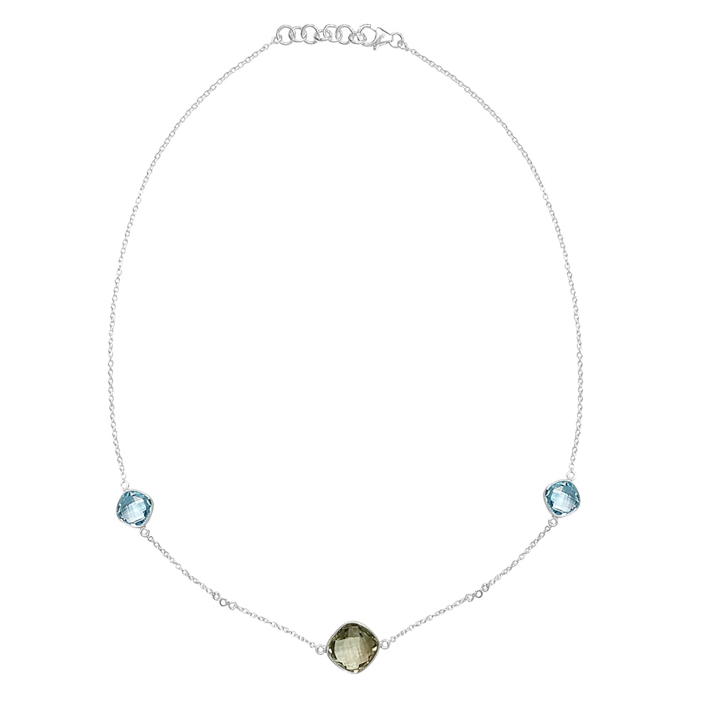 12.50 Ct Green Amethyst Blue Topaz & Diamond 925 Silver 18 Inch Necklace by