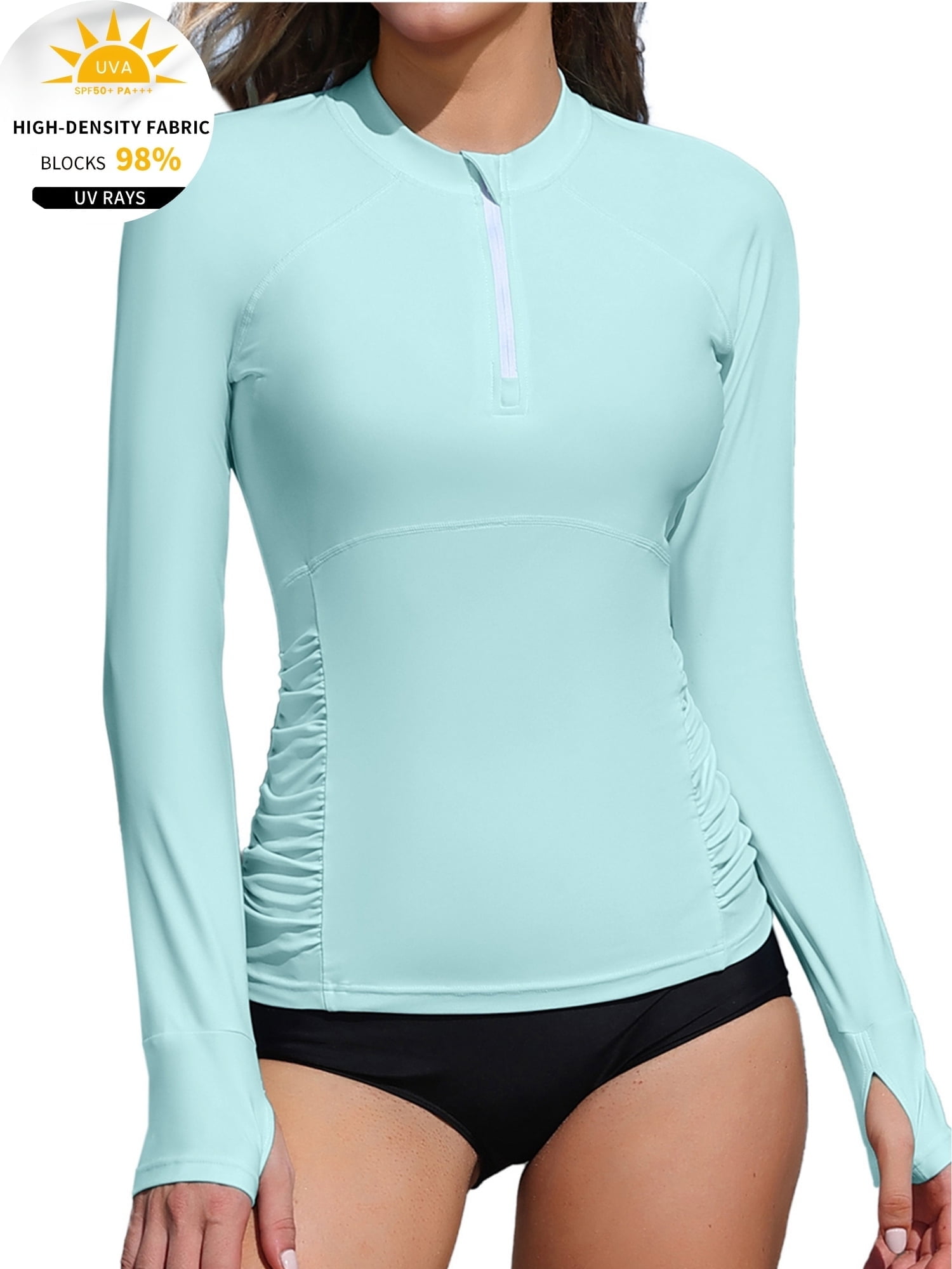 Charmo Women's Zipper Rash Guard Long Sleeve Side Ruched Swim Shirt Sun ...