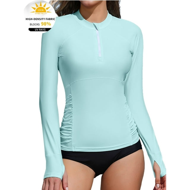 Charmo Haut de Maillot anti-UV pour Femmes à Fermeture Éclair, Manches Longues, Froncé sur les Côtés, Protection Solaire