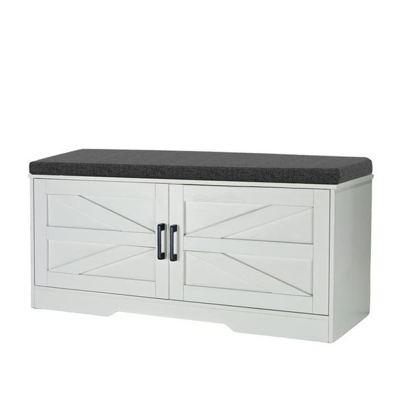 Farmhouse Shoe Bench with Cushion 2-Tier Storage 2 Barn Doors 39.4" W White