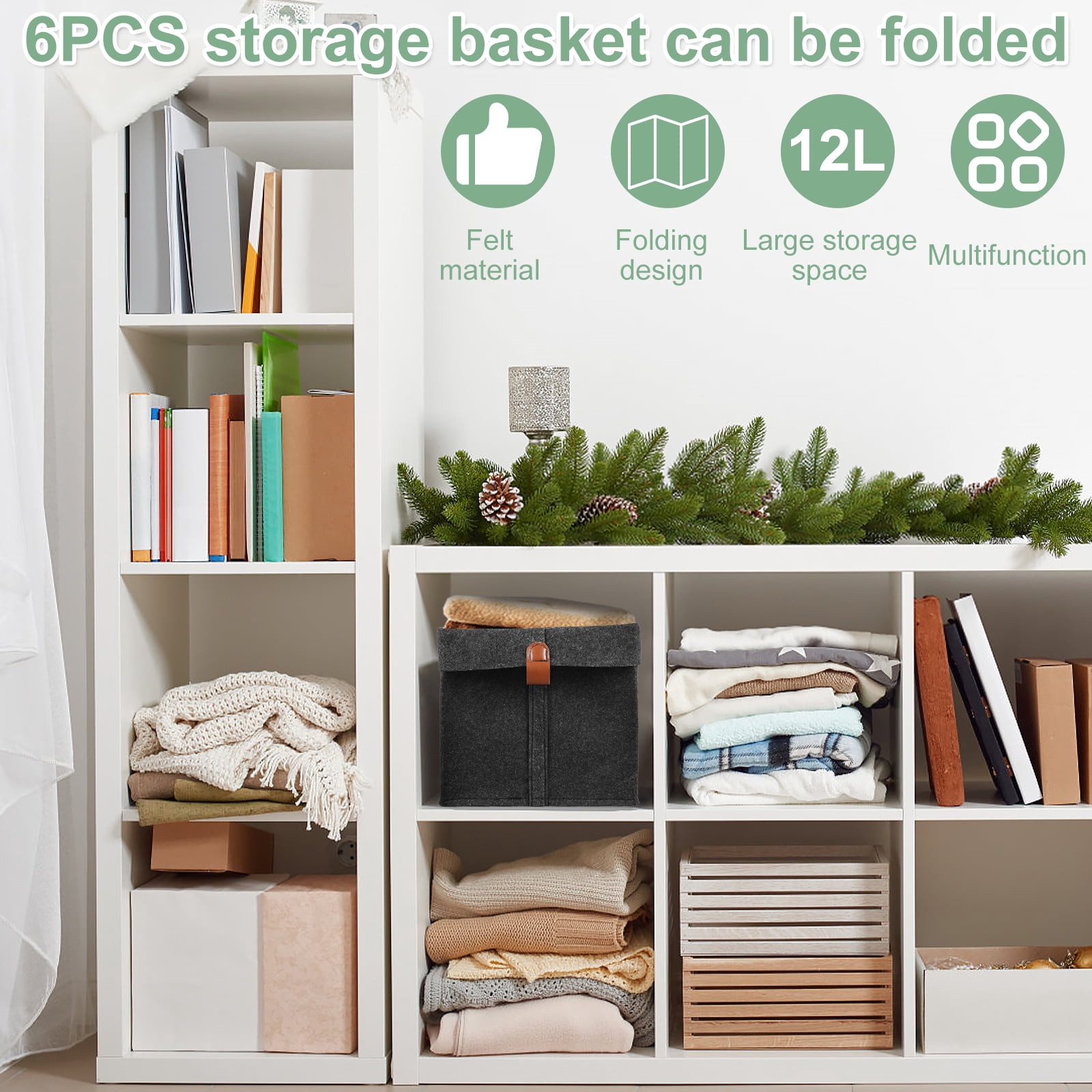 Tzdxfgl Collapsible Felt Fabric Cubes Storage Bins, 9"x9"x10.2", 6 Pack, Dark Gray