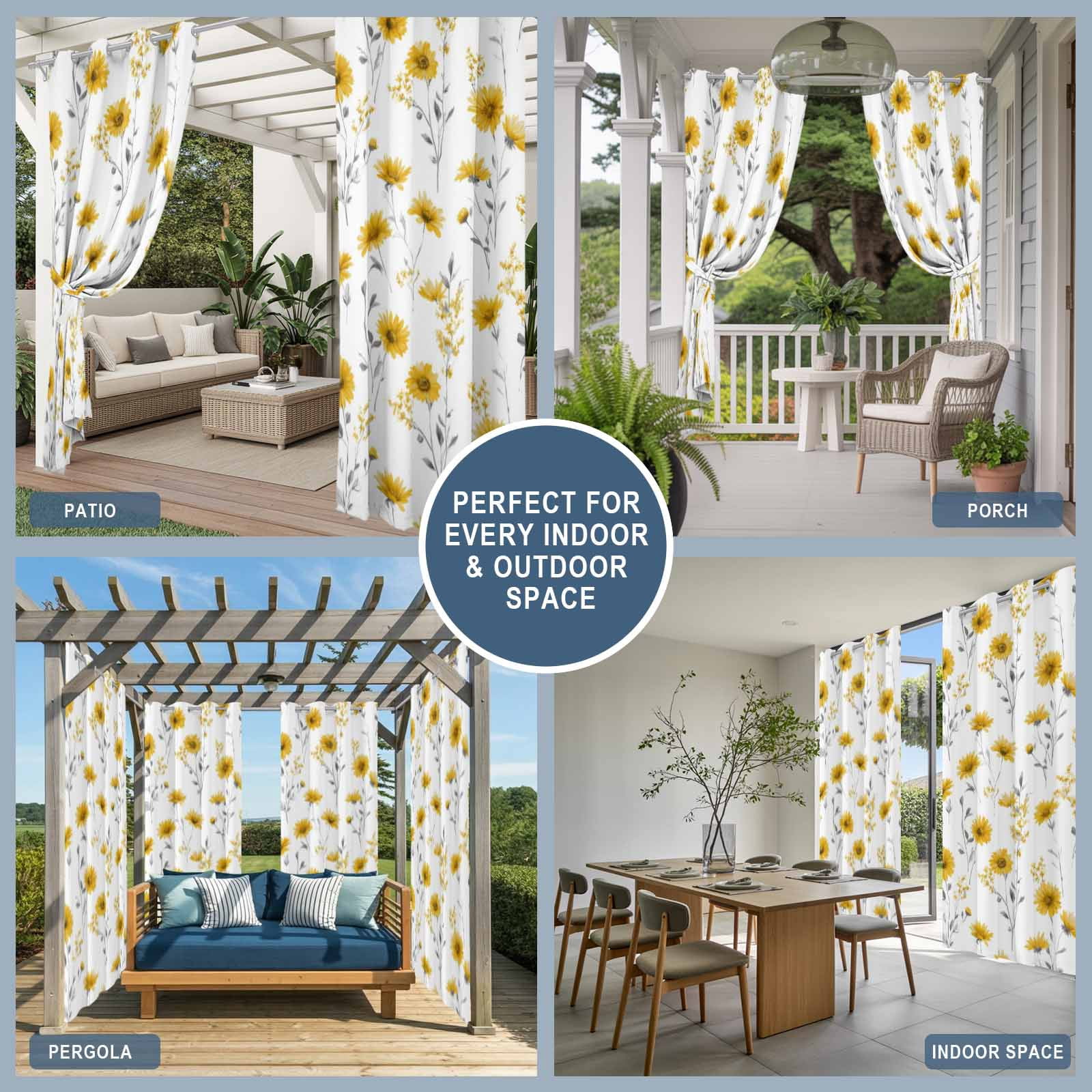 Sunflowers Outdoor Curtains 1 Panel Summer Country Yellow Floral Leaf Plant Waterproof Weatherproof Privacy Curtain Thermal Outside Drape for Porch Pergola Patio 54 x 108 Inch