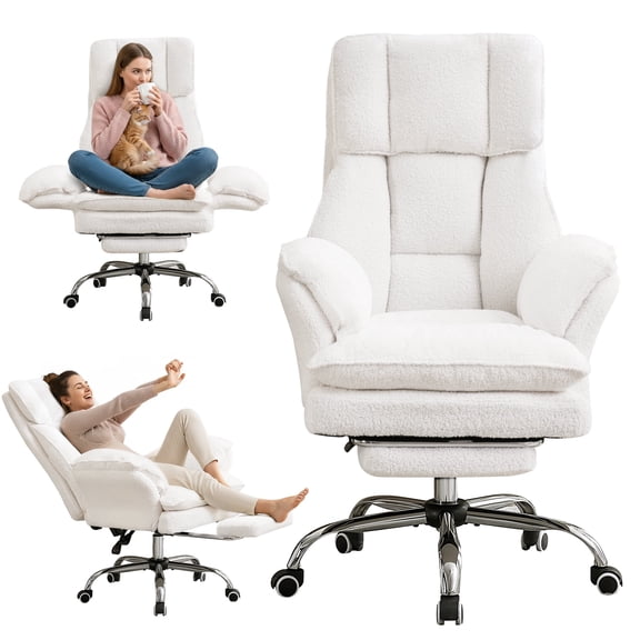 Cloud Cross Legged Office Chair with Footrest,Teddy Fleece Big and Tall Executive Ergonomic Chair, Flip Armrests for Pets,155° Reclining Computer Wide Desk Chair for Home,Office(White)