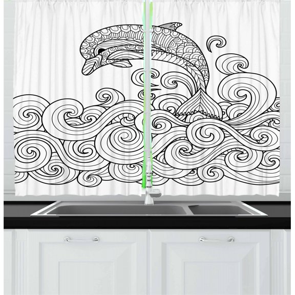 Ambesonne Dolphin Kitchen Curtains, Nautical Zentangle Wave, 55"x39", Black White