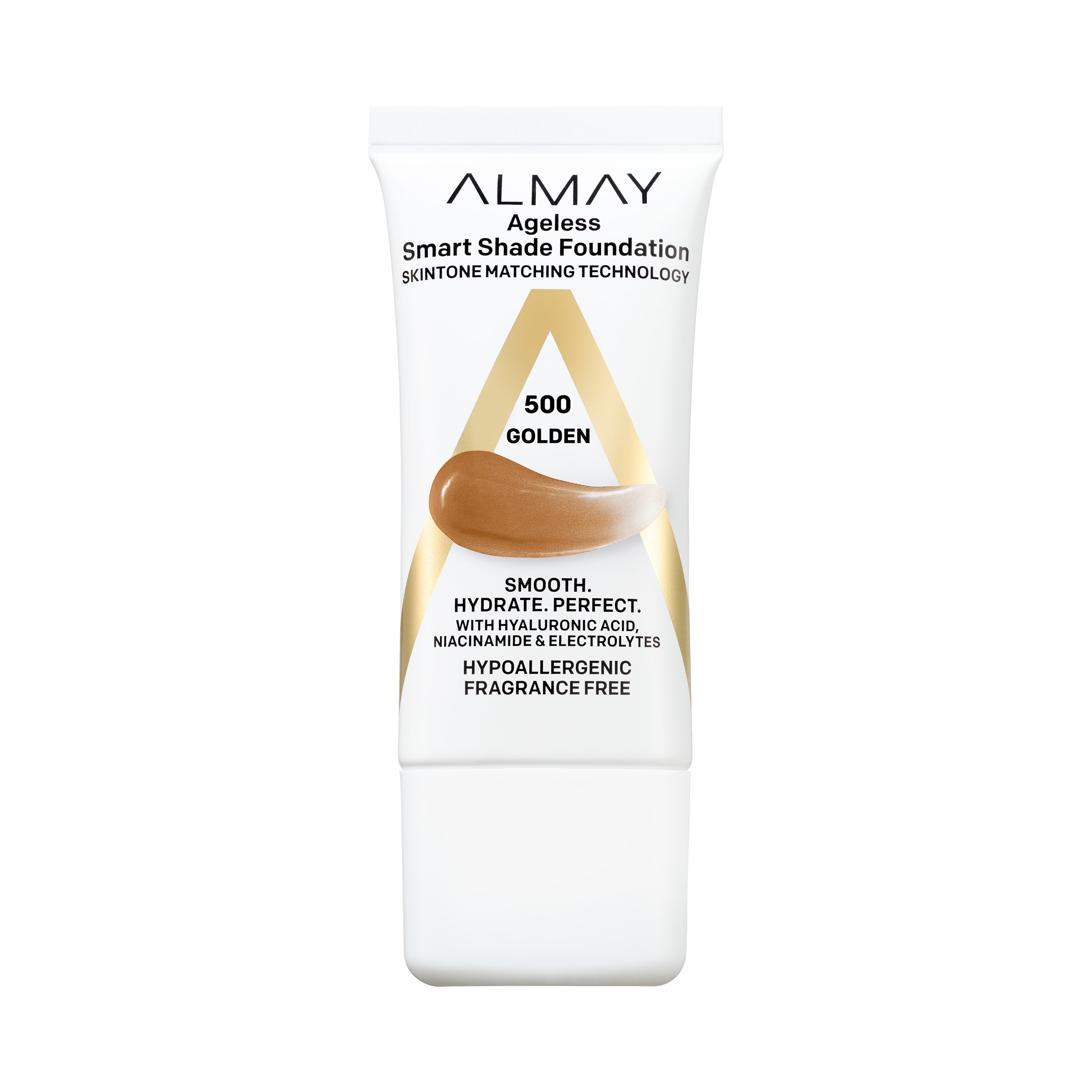 Almay Anti-Aging Foundation by Almay, Smart Shade Face Makeup with Hyaluronic Acid, Niacinamide, Vitamin C & E, Hypoallergenic, Fragrance Free, 500 Golden, 1 Fl Oz, 500 Golden, 1 fl oz.