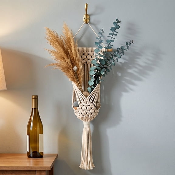 Hand-Woven Wall Hanging Tapestry Pocket with Wooden Dowel and Tassel, Multi-Purpose Wall Decor for Dried Flower Display and Household Photo Arrangement