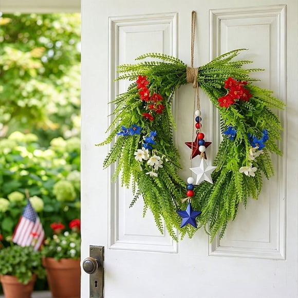 Sktrjpolfis 4th of July Wreath Door Hanger, Artificial Eucalyptus Leaf & Star Bead String Decor for Independence Day, 15.75in