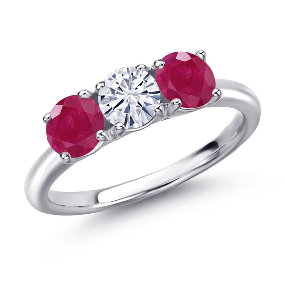 Gem Stone King 925 Sterling Silver White Moissanite and Red Ruby Engagement Ring for Women | 1.60 Cttw | Round 5MM | Gemstone Birthstone | Size 5