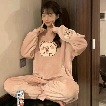 

Autumn Winter New Warm Flannel Women s Pajamas Set Long-sleeved Trousers Two-piece Set Cute Soft Home Wear Clothes for Women