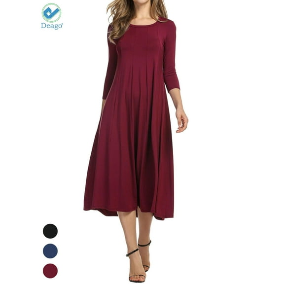 Deago Women's Casual Dresses 3/4 Sleeve Round Neck A-line and Flare Midi Long Dress For Spring Summer Fall (Red, L)
