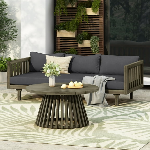 Christopher Knight Home 3-Seater Outdoor Daybed with Dark Gray Cushion and Round Coffee Table, Gray Wood Frame