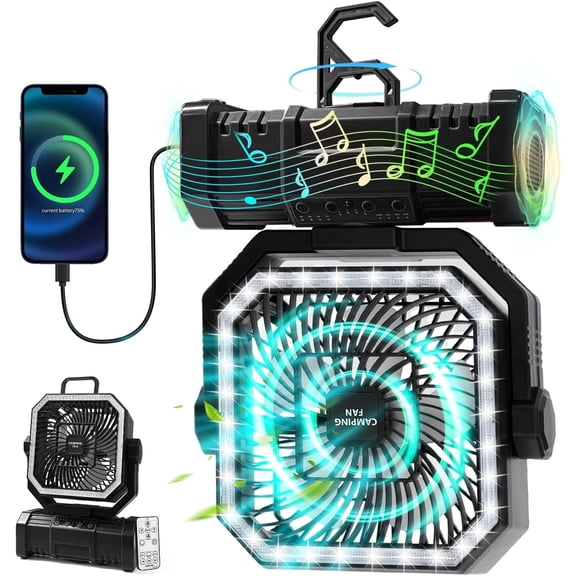 20000mAh Rechargeable Camping Fan with Bluetooth Speaker & LED Light, Portable Oscillating Tent Fan with Remote, 4 Speeds, 360° Hanging Hook for Camping, RV Trips, Outdoor Travel, Fishing, Black