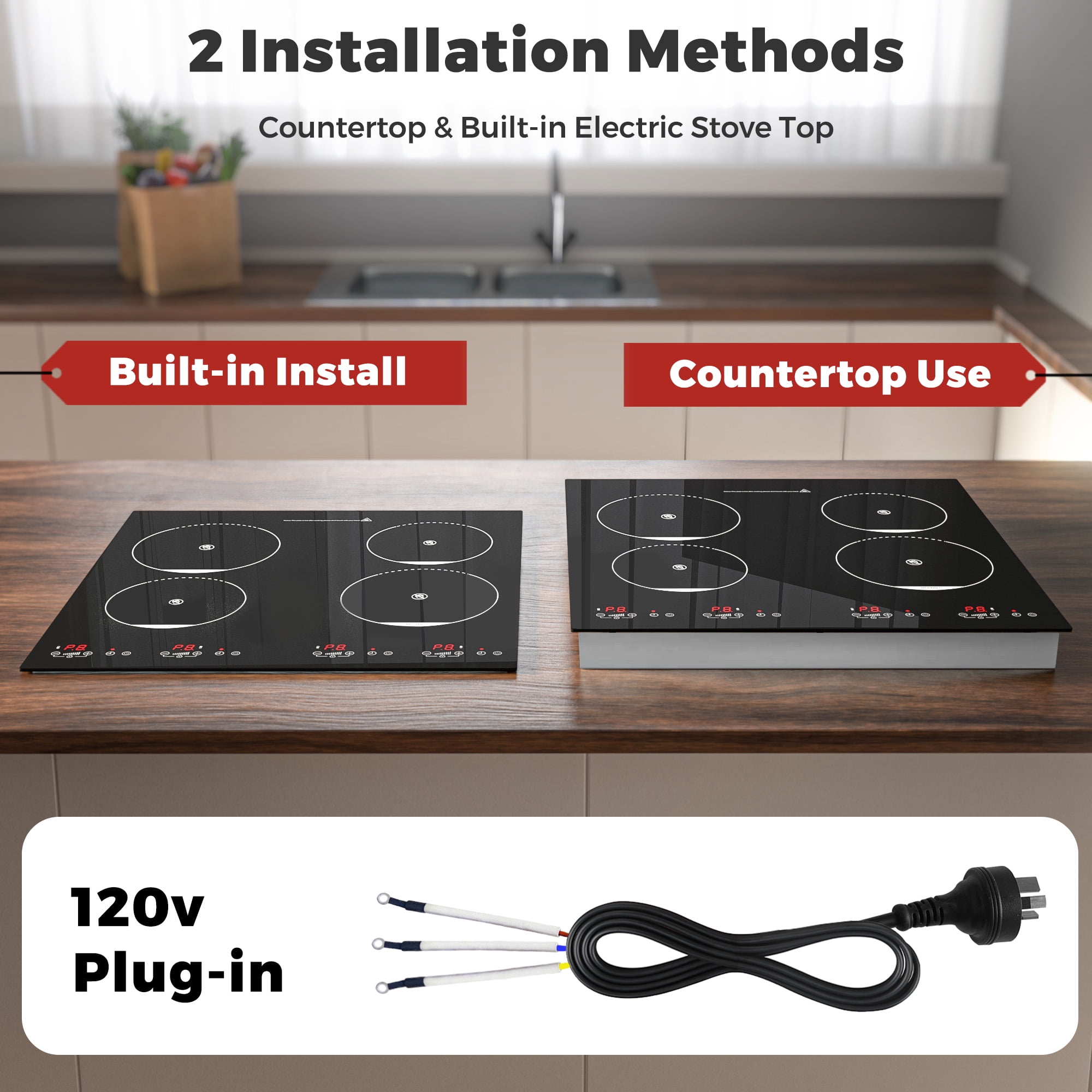 Advwin 4 Burner Electric Stove Top，24 Inch Built-in Electric Stove Top,6000W Electric Ceramic Cooktop with 4H Timer, Kid Safety Lock and Knob Control, 9 Heating Level,220v(No Plug)