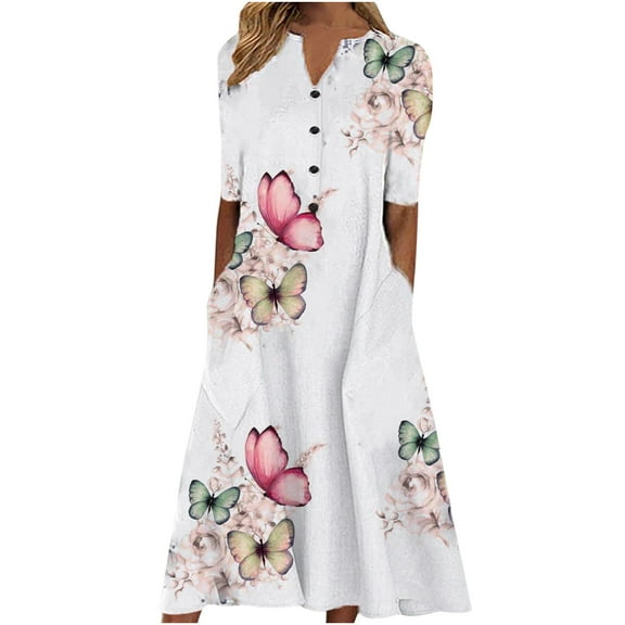 USSUMA Short Sleeve Summer Dresses for Women Casual Plus Size Button Up Swing Beach Party Maxi Sundresses V Neck Plus Dress Floral Print Long Pocket Sun Dress Wedding Guest