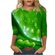 YFPWM Womens Funny St. Patty's Day Tee Fashion Loose T-Shirt 3/4 Sleeve Blouse Round Neck Casual Tops Green L